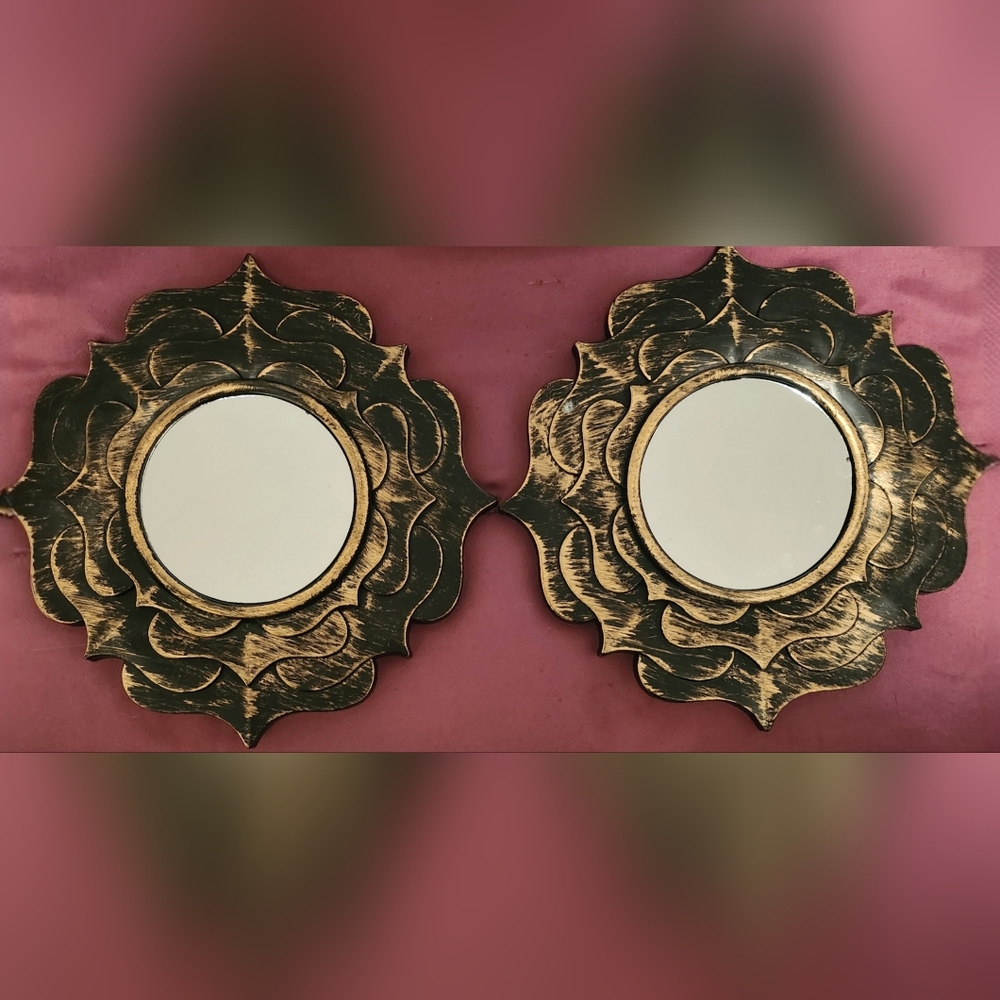 Two Gold and Black Rustic Sunburts  Decorative Wall Hanging Mirrors. Brand New!